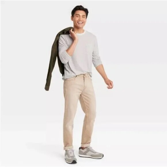 Men's Striped Crewneck T-Shirt Goodfellow & Co™ Oatmeal Stripe - Picture 2 of 3